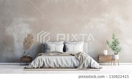 Minimalist bedroom interior with light walls, wood floors and a white master bed. Minimalist bedroom interior with light walls, wood floors and a white master bed. 110822415