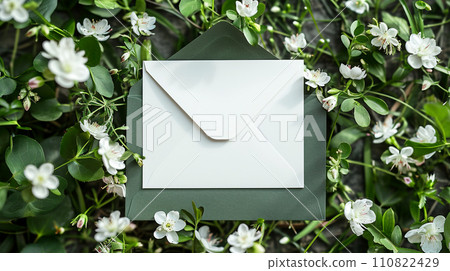 Envelope with white paper and spring flowers on the green grass. Envelope with white paper and spring flowers on the green grass. 110822429