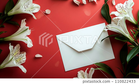 White lilies and empty envelope on coral background. White Paper Envelope With Space For Text. 110822433