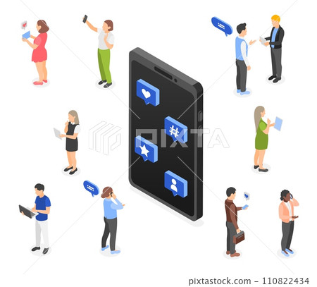 Isometric social media addiction. People crowd using gadgets, waiting likes and comments from online friends. Isolated characters and smartphone flawless vector set 110822434