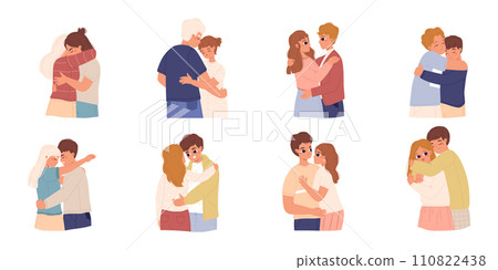 Couples in love. Romantic relationships, teens hugging and kisses. Young adults embracing, first sweetheart. Cartoon snugly people vector set Couples in love. Romantic relationships, teens hugging and kisses. Young adults embracing, first sweetheart. Cartoon snugly people vector set 110822438