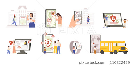 Children safety security, gps tracker with geolocation and smartwatch. Internet parental control, security technologies for children. Snugly vector scenes 110822439