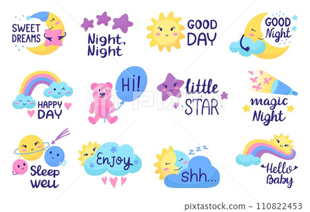 Positive sleep and morning kids lettering phrases. Isolated quotes with moon, sun and clouds. T-shirt prints templates, childish neoteric vector design 110822453