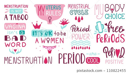Menstrual cycle quotes. Menstruation period lettering, blood drops and flowers. Female self love positive texts, motivations neoteric vector prints Menstrual cycle quotes. Menstruation period lettering, blood drops and flowers. Female self love positive texts, motivations neoteric vector prints 110822455