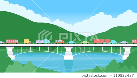 Cars on bridge. Urban transportation road, travel and adventures. Auto and truck crossing the crossing, nature or rural flat decent vector landscape 110822457
