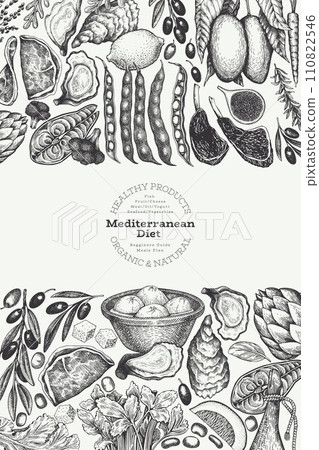 Mediterranean Cuisine Design Template. Vector Hand Drawn Healthy Food Banner. Vintage Style Menu Illustration. Mediterranean Cuisine Design Template. Vector Hand Drawn Healthy Food Banner. Vintage Style Menu Illustration. 110822546