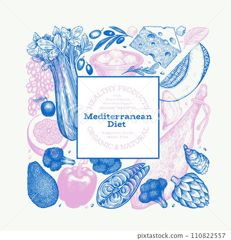Mediterranean Cuisine Design Template. Vector Hand Drawn Healthy Food Banner. Vintage Style Menu Illustration. Mediterranean Cuisine Design Template. Vector Hand Drawn Healthy Food Banner. Vintage Style Menu Illustration. 110822557