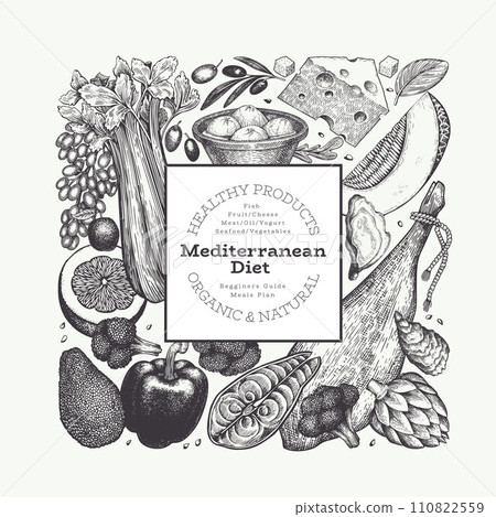Mediterranean Cuisine Design Template. Vector Hand Drawn Healthy Food Banner. Vintage Style Menu Illustration. Mediterranean Cuisine Design Template. Vector Hand Drawn Healthy Food Banner. Vintage Style Menu Illustration. 110822559