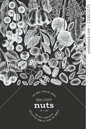 Hand Drawn Nuts Branch And Kernels Template. Organic Seed Vector Design. Retro Chalk Board Nut Illustration. Hand Drawn Nuts Branch And Kernels Template. Organic Seed Vector Design. Retro Chalk Board Nut Illustration. 110822571