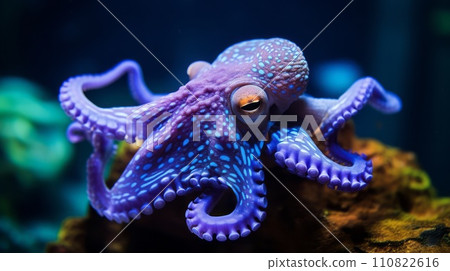 Octopus. Beautiful octopus sitting on a reef. Closeup of a blue purple octopus swimming underwater. AI generated image of a spotted octopus with big long tentacles and suckers sitting on ocean floor. 110822616