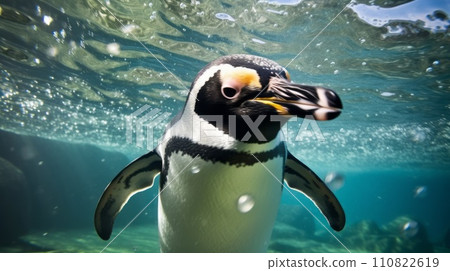 Penguin underwater. Underwater close up of a penguin swimming in clear water with sunlight. Front view of a penguin swimming in the ocean with light rays.. Closeup of a penguin's face. 110822619