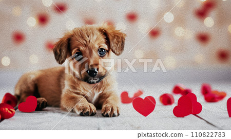 Illustration of a cute Puppy on a background of red hearts. Illustration of a cute Puppy on a background of red hearts. 110822783