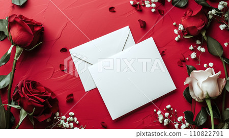 White envelope and blank white card on a pink background with three red and one white rose. White envelope and blank white card on a pink background with three red and one white rose. 110822791