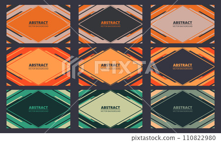 Colored set of 9 geometric abstract backgrounds with rhombus shapes and frames. Colored set of 9 geometric abstract backgrounds with rhombus shapes and frames. 110822980