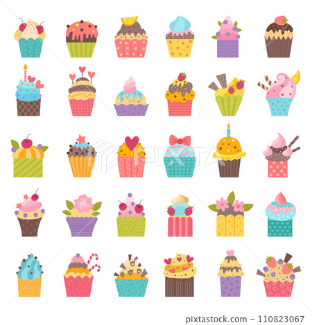 Muffins. Birthday cupcakes pastry recent vector stylized decorative illustrations 110823067