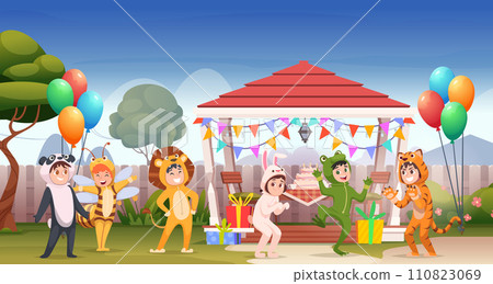 Kids party. Costume party people wearing animal clothes exact vector cartoon background 110823069