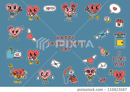 Trendy groovy valentines day sticker set. Retro valentines day. 70s 60s aesthetics. Vintage comic vector. Vector illustration 110823087