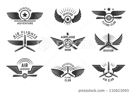 Avia badges. Pilot logotypes with stylized wings and place for personal text recent vector template 110823093