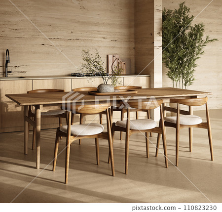 Stylish kitchen dining setup with wooden elements and ambient light 110823230