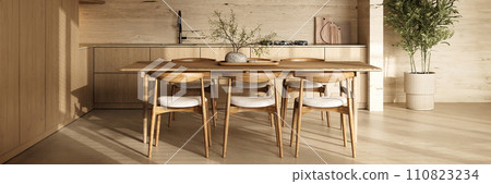Modern wooden kitchen table set in a sunlit minimalist interior Modern wooden kitchen table set in a sunlit minimalist interior 110823234
