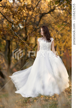 beautiful sensual bride in white wedding dress standing outdoor on natural background beautiful sensual bride in white wedding dress standing outdoor on natural background 110823255