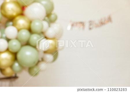 Many white green and gold balloons and copy space , party even Many white green and gold balloons and copy space , party even 110823283