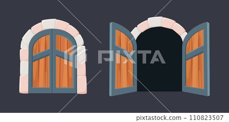 Medieval castle gate. Cartoon wooden doors open and close. Kingdom, fortress or dungeon entrance. Opened closed giant door, nowaday vector elements 110823507