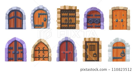 Cartoon medieval doors. Old castle door, stone gates entrance. Vintage wooden entries with metal details, dungeon doorway nowaday vector clipart Cartoon medieval doors. Old castle door, stone gates entrance. Vintage wooden entries with metal details, dungeon doorway nowaday vector clipart 110823512