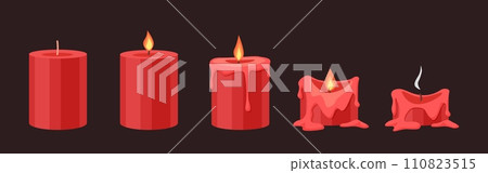 Burning cartoon candle. Wax candles burn step by step. Different stages of combustion, vintage lights element for holidays or cozy, nowaday vector set Burning cartoon candle. Wax candles burn step by step. Different stages of combustion, vintage lights element for holidays or cozy, nowaday vector set 110823515