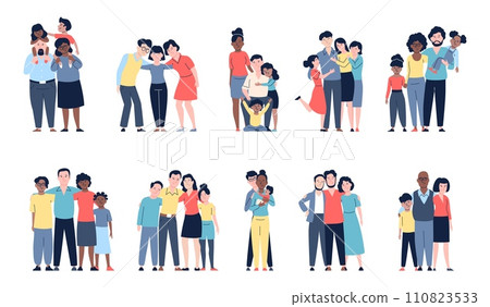 Happy families flat characters. Traditional family various ages, mother, father and children. Toddlers and teenagers with parents, recent vector set 110823533