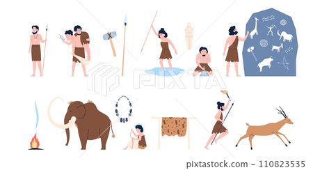 Stone age characters. Prehistoric people and their houses, caves and daily life. Primitive hunters with tools, household and wild animals, recent vector scenes 110823535