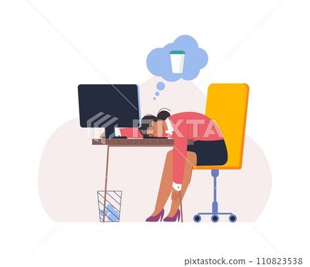 Young office manager tired and dream about coffee. Afroamerican woman frustrated at work, student sleep front computer, vector scene Young office manager tired and dream about coffee. Afroamerican woman frustrated at work, student sleep front computer, vector scene 110823538