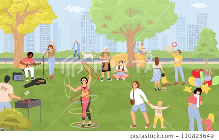Busy park with street performers, people resting and walking vector illustration 110823649