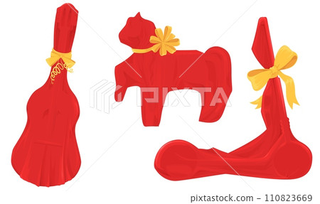 Different present wrapped in red paper with bow isolated set 110823669