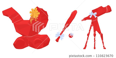 Different presents covered with red wrapping paper or cloth set 110823670