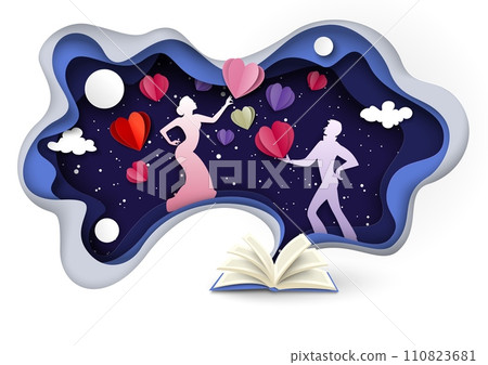Romantic love story book papercut vector illustration 110823681