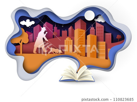 Detective book papercut design with investigator and dog 110823685