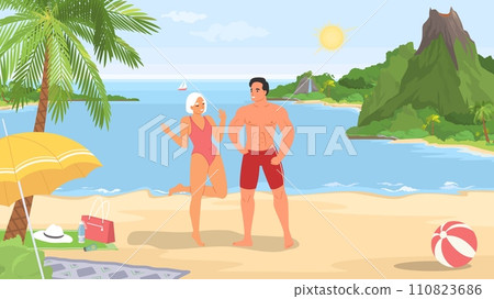 Couple rest on tropical beach vector illustration 110823686