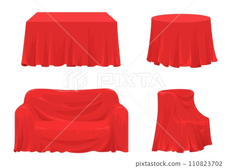 Red cloth drapery covering different kind of furniture Red cloth drapery covering different kind of furniture 110823702