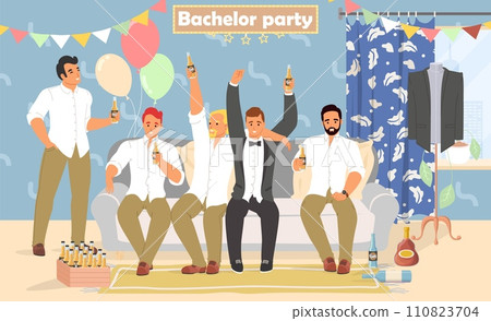 Bachelor party concept with happy male friends and groom Bachelor party concept with happy male friends and groom 110823704