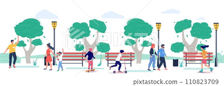 Natural urban public park visitors walking, meeting, riding eco transport 110823709