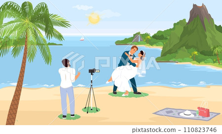 Wedding photograph taking photo of just married couple on tropical beach Wedding photograph taking photo of just married couple on tropical beach 110823746