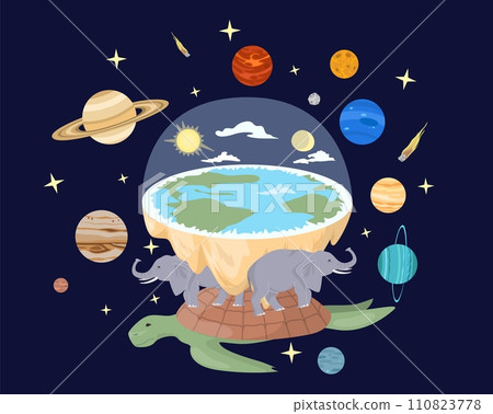 Ancient solar system with huge turtle, elephants holding planet Earth 110823778