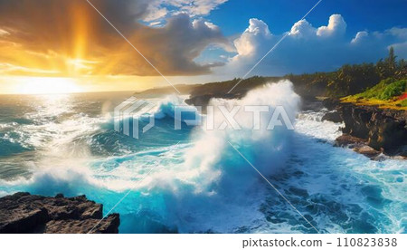 波濤洶湧的海面景觀AI生成影像 110823838