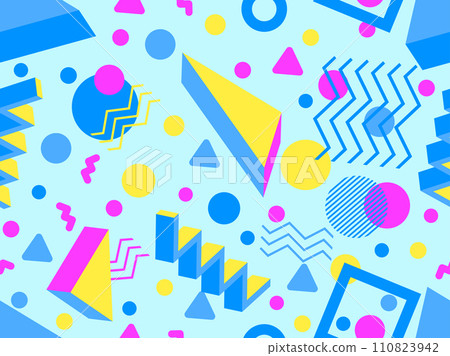 Memphis seamless pattern with 3d geometric shapes in 80s style. Colorful geometric pattern with isometric 3d shapes. Design of promotional products, wrapping paper and printing. Vector illustration Memphis seamless pattern with 3d geometric shapes in 80s style. Colorful geometric pattern with isometric 3d shapes. Design of promotional products, wrapping paper and printing. Vector illustration 110823942