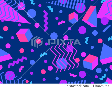 Memphis seamless pattern with 3d geometric shapes in 80s style. Colorful geometric pattern with isometric 3d shapes. Design of promotional products, wrapping paper and printing. Vector illustration Memphis seamless pattern with 3d geometric shapes in 80s style. Colorful geometric pattern with isometric 3d shapes. Design of promotional products, wrapping paper and printing. Vector illustration 110823943