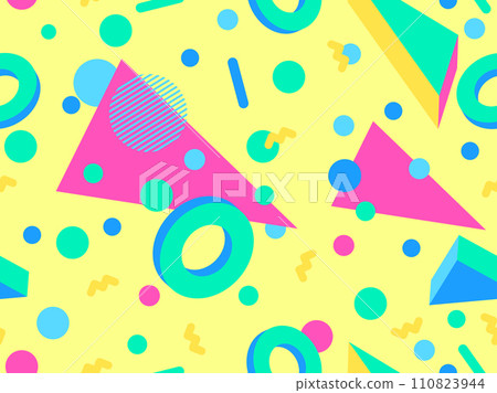 Memphis seamless pattern with 3d geometric shapes in 80s style. Colorful geometric pattern with isometric 3d shapes. Design of promotional products, wrapping paper and printing. Vector illustration Memphis seamless pattern with 3d geometric shapes in 80s style. Colorful geometric pattern with isometric 3d shapes. Design of promotional products, wrapping paper and printing. Vector illustration 110823944