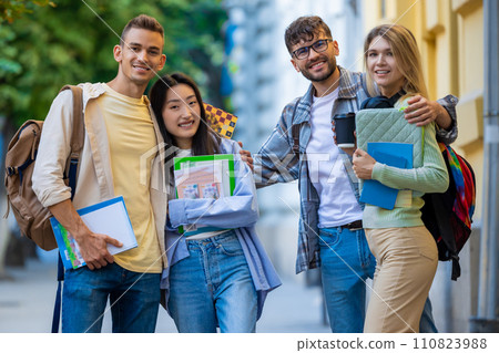 Multicultural group of college students or friends standing in campus. 110823988