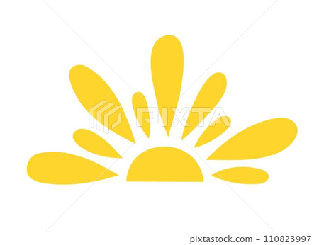 Simple yellow half sun handdrawn vector flat illustration with half-circle shape in middle, cute summer sunset, dawn image for logo, cards, decor, vacation concept, holiday, summertime kids design Simple yellow half sun handdrawn vector flat illustration with half-circle shape in middle, cute summer sunset, dawn image for logo, cards, decor, vacation concept, holiday, summertime kids design 110823997