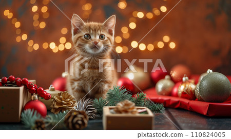AI-generated content. cute red kitten surrounded by Christmas balls, gifts and pine cones 110824005